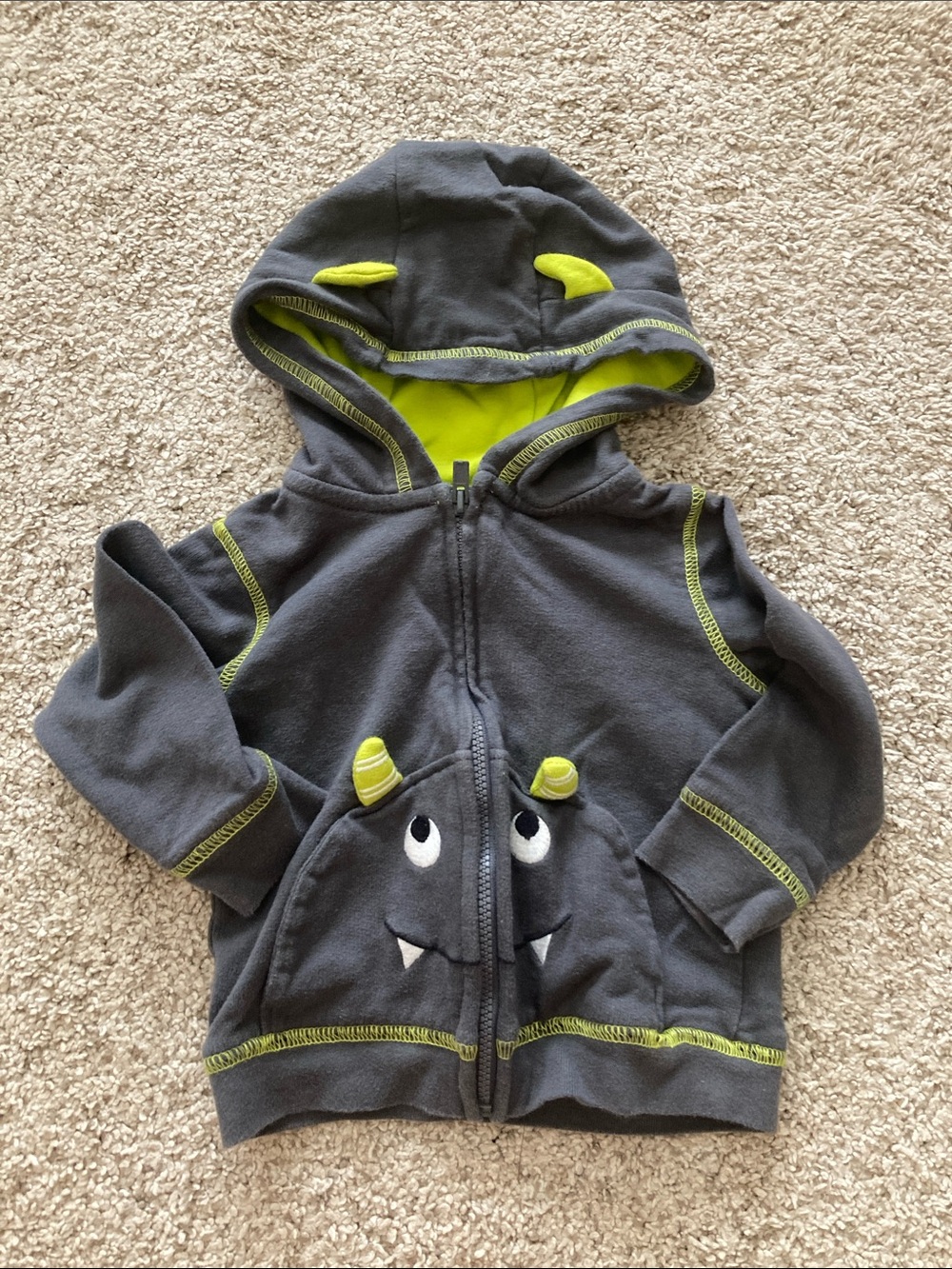 12 Month Carter’s Monster Zip Up Hoodie Sweater Charcoal Gray